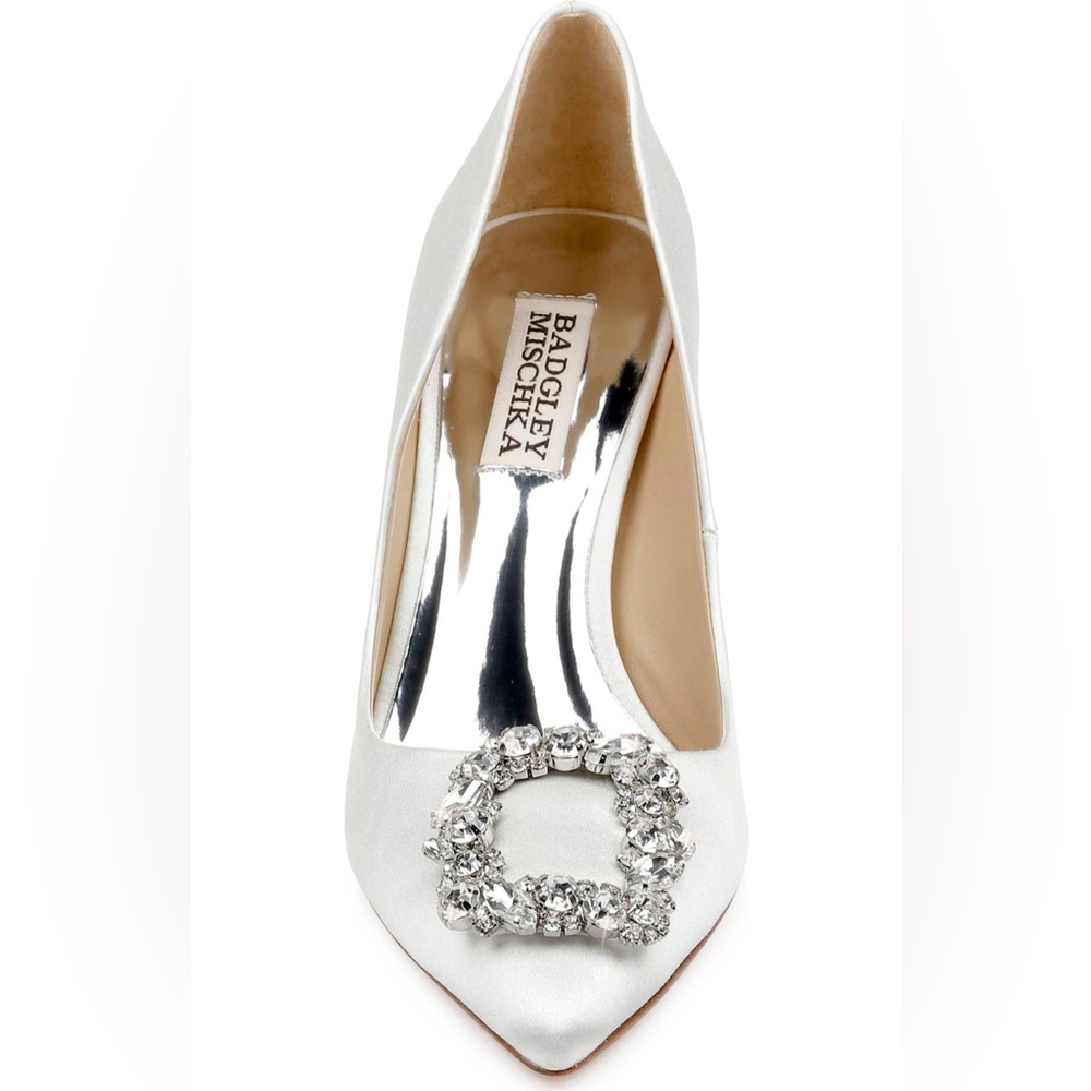 Badgley Mischka White Satin Pointed Toe Crystal Buckle Pump